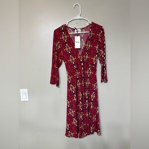Leota Red Wrap Sundress with V-Neck and 3/4 Sleeves